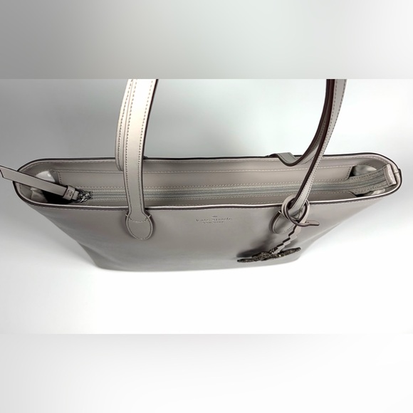 Kate Spade New York Large Leather Tote Bag Gray Pebbled Shoulder Purse 2/Flower - Picture 6 of 12